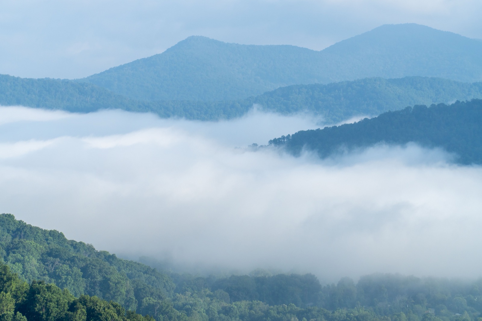 Morning fog settling into a valley beneath layered blue Appalachian ridgelines