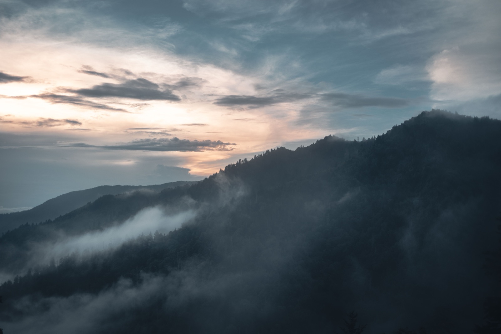 Misty sunrise over Smoky Mountain ridgelines near Gatlinburg